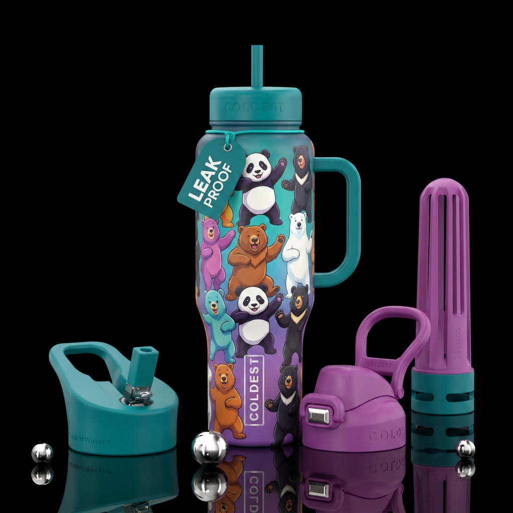 Dancing cartoon bears water bottle design