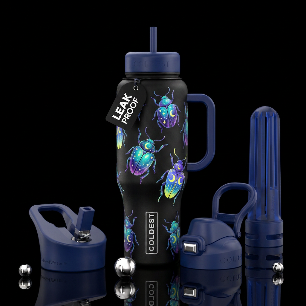 Colorful  moon bugs water bottle design