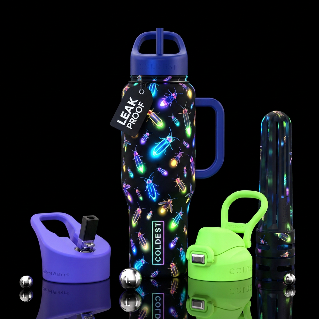 Colorful lighting bugs glowie water bottle design