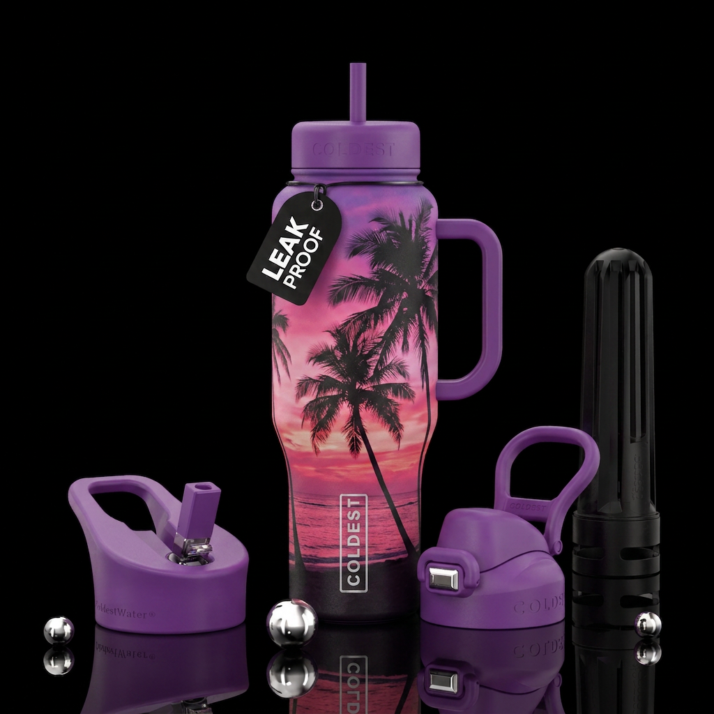 Ocean scene palm tree pink & purple back ground water bottle design
