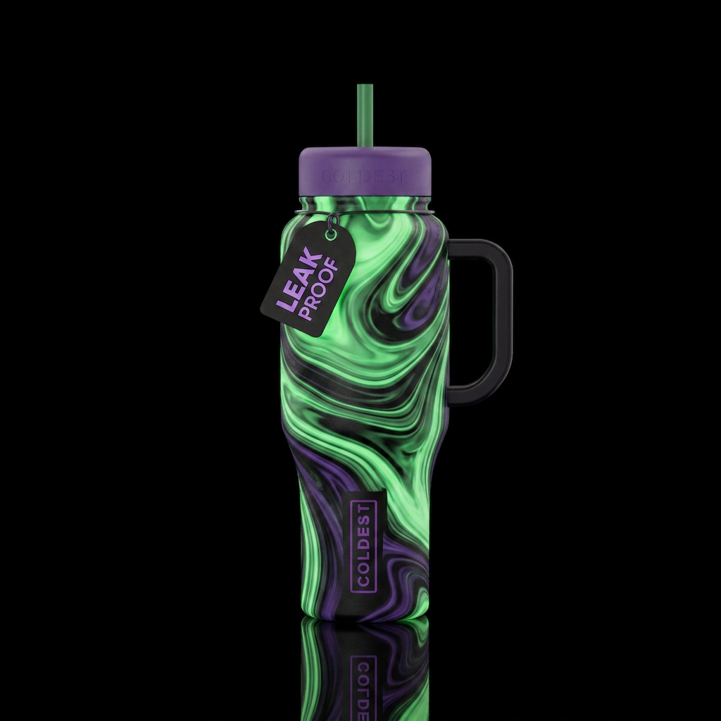 Green black and purple swirl  glowie water bottle design