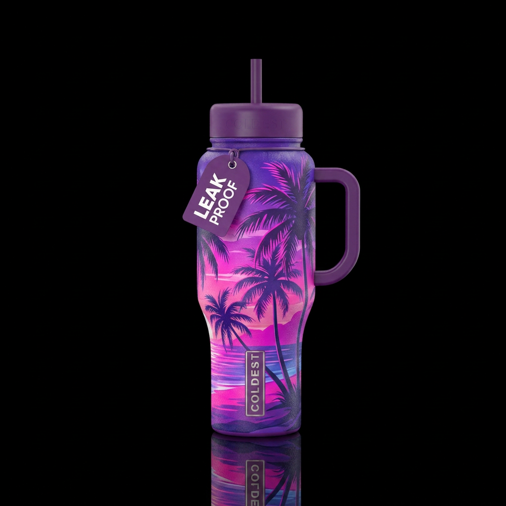 Summer beach scene with palm trees in pinks and pu... water bottle design