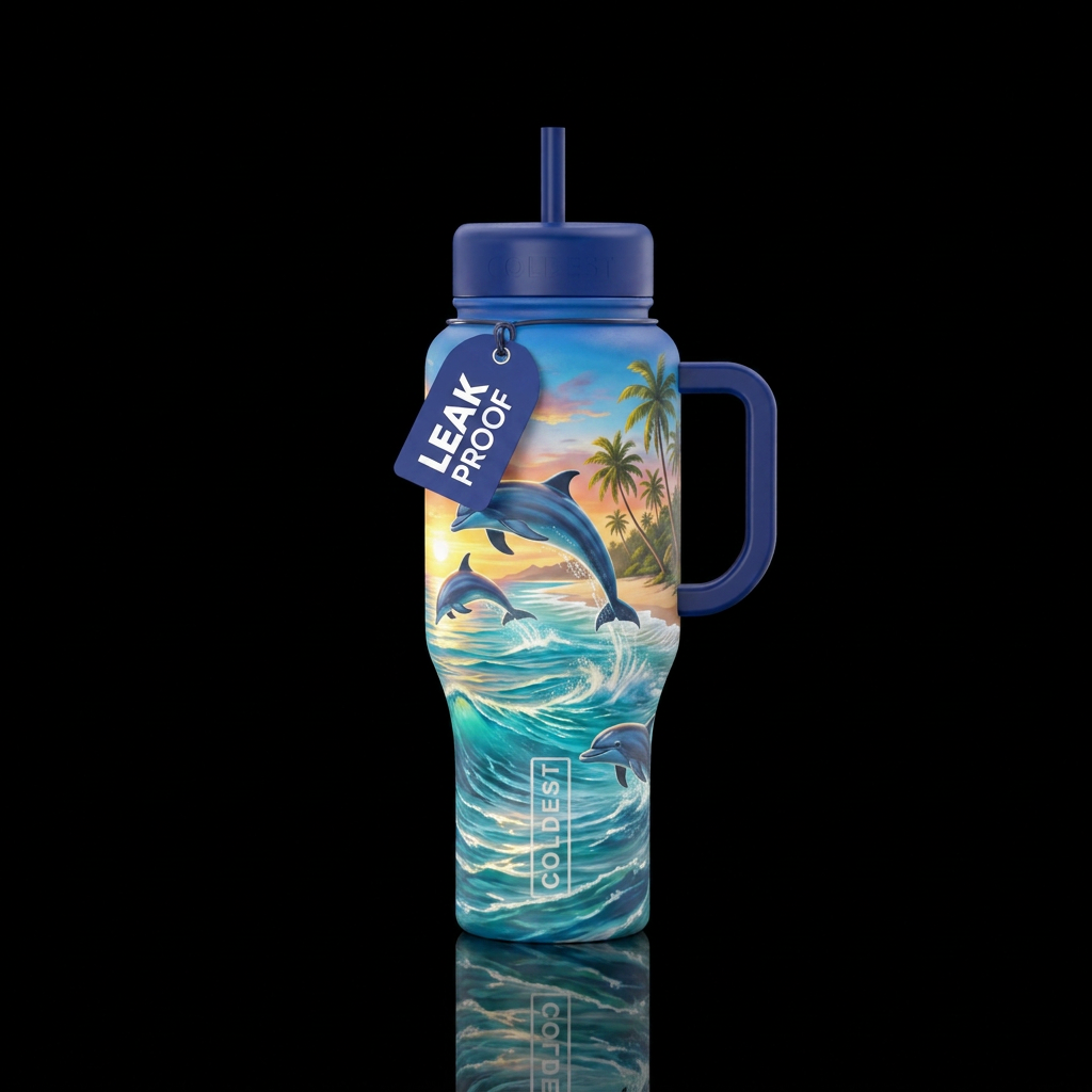 Ocean scene dolphins jumping palm trees in backgro... water bottle design