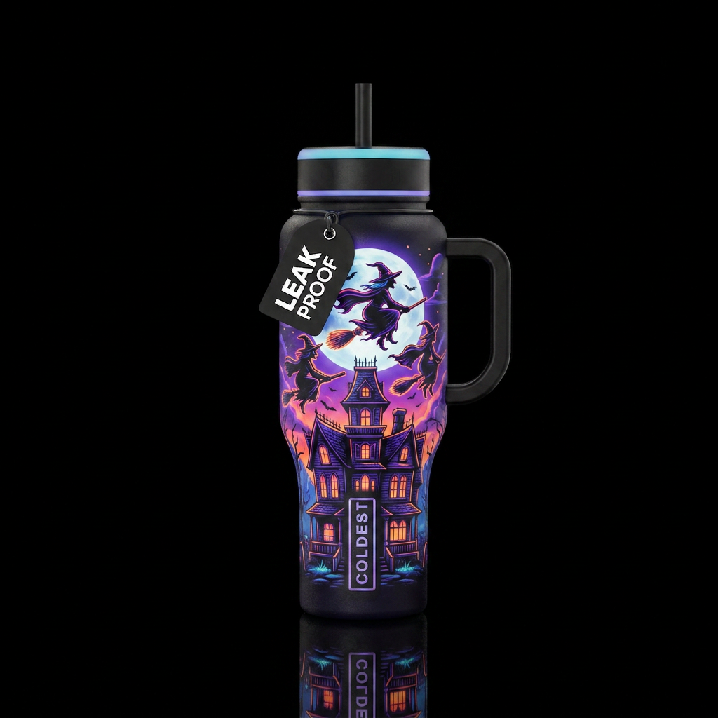 Witches on brooms flying over Haunted house glowie water bottle design