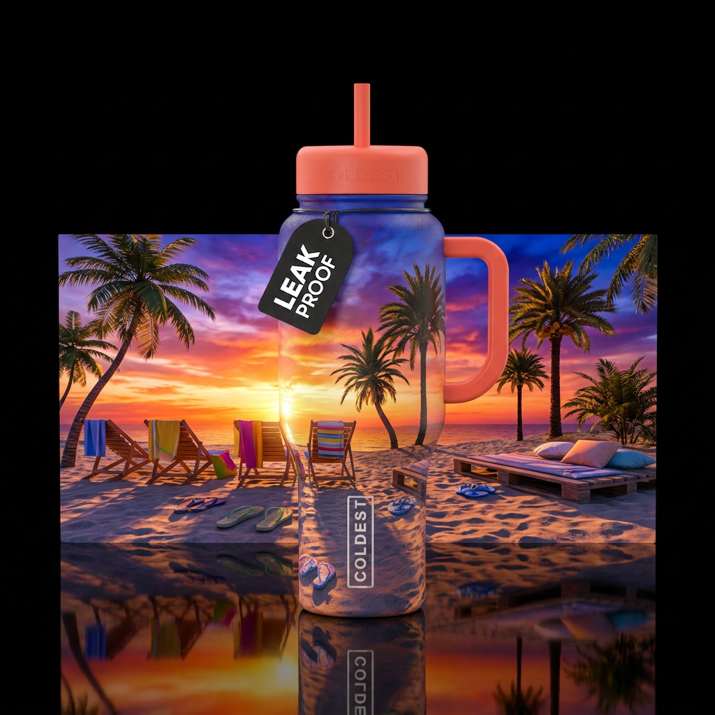 Beach scene beach chairs flip flops and pallets tr... water bottle design