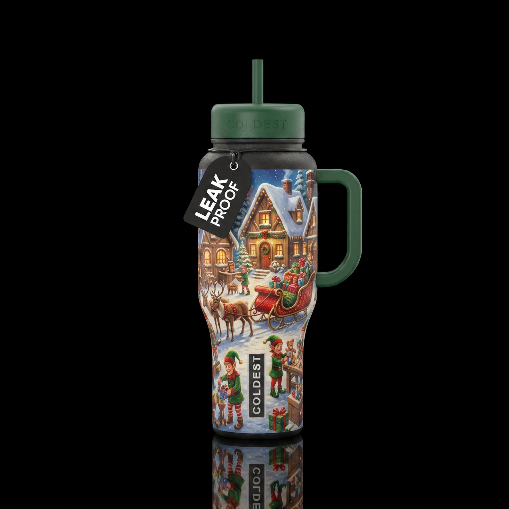Santa's work shop lit up with elves and reindeer a... water bottle design