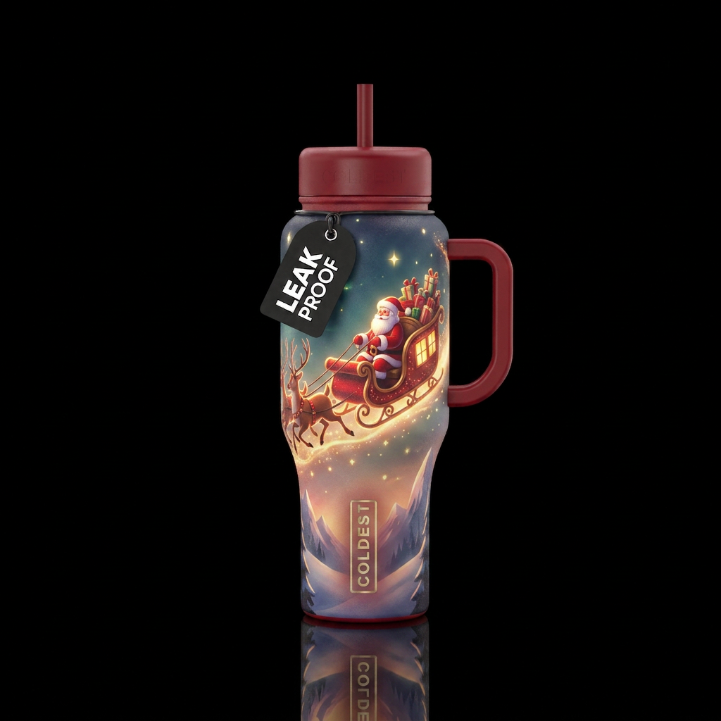 Santa & his packed sleigh in flight glowie water bottle design