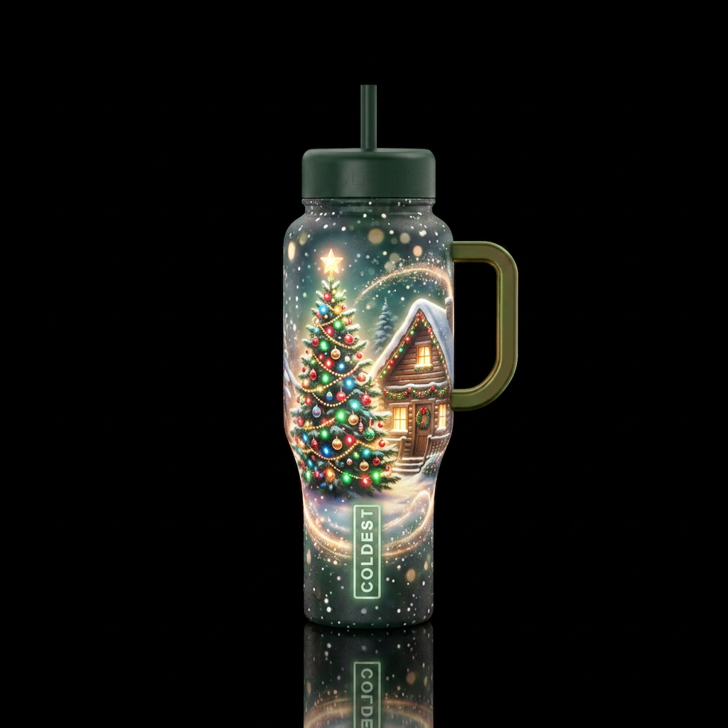 Christmas tree and cabin decorated for Christmas g... water bottle design