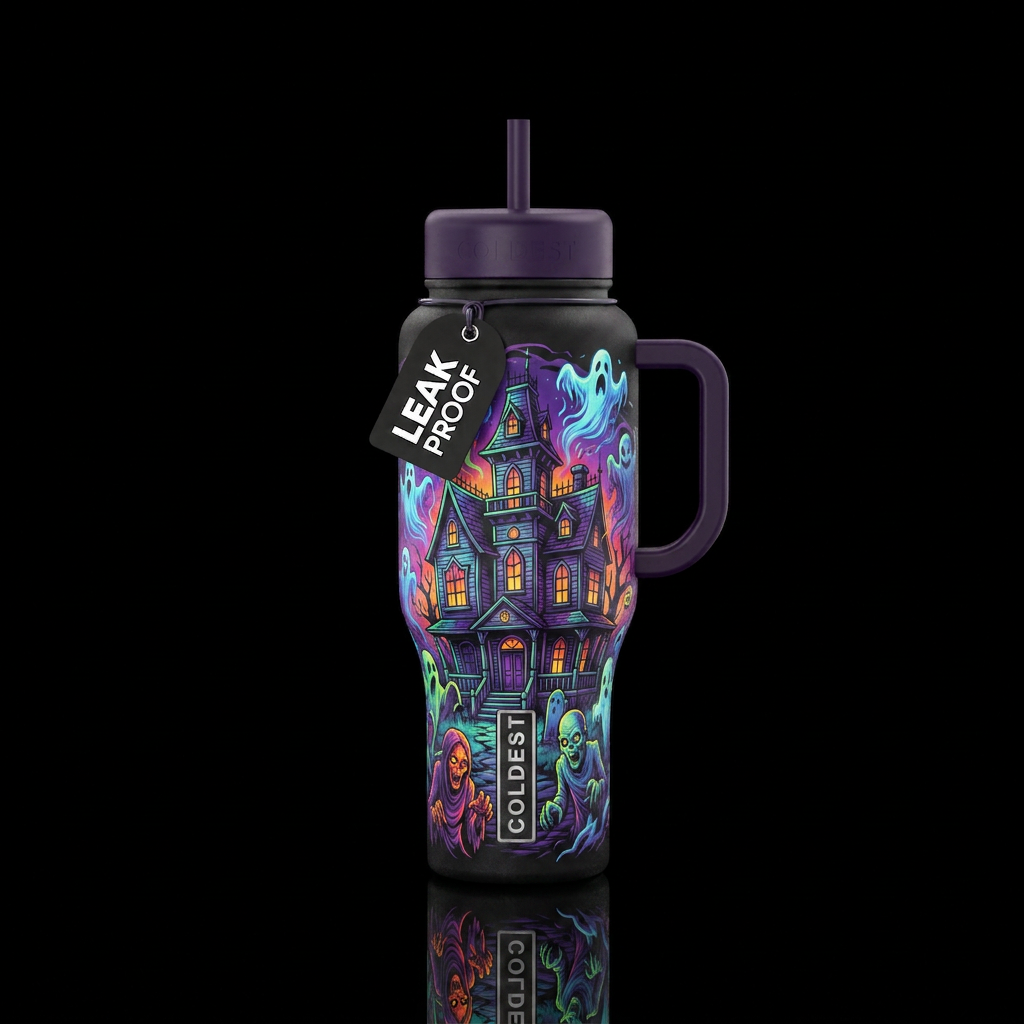 Ghouls around spookie mansion water bottle design