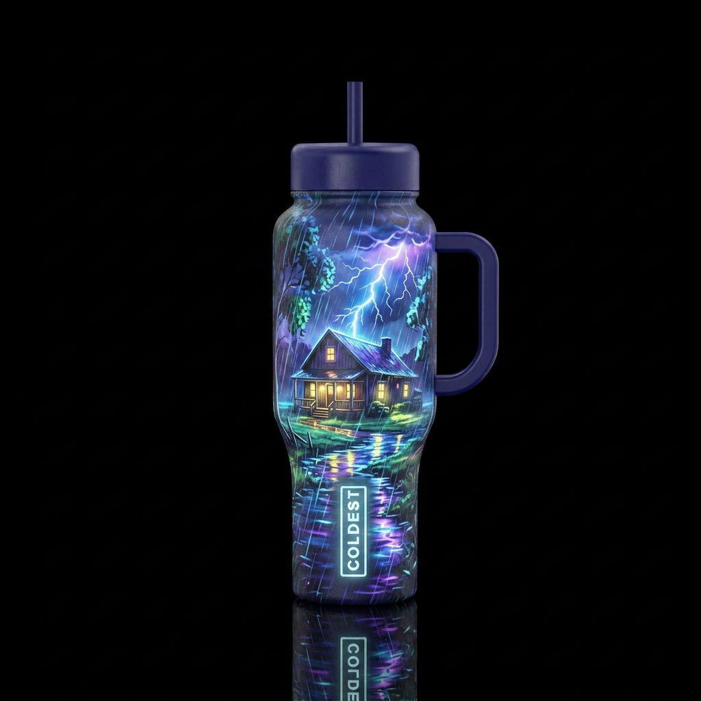 Ranch house during thunderstorms and rain glowie water bottle design