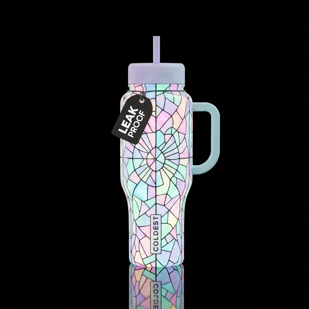 Pastel multi colored stained glass glowie water bottle design