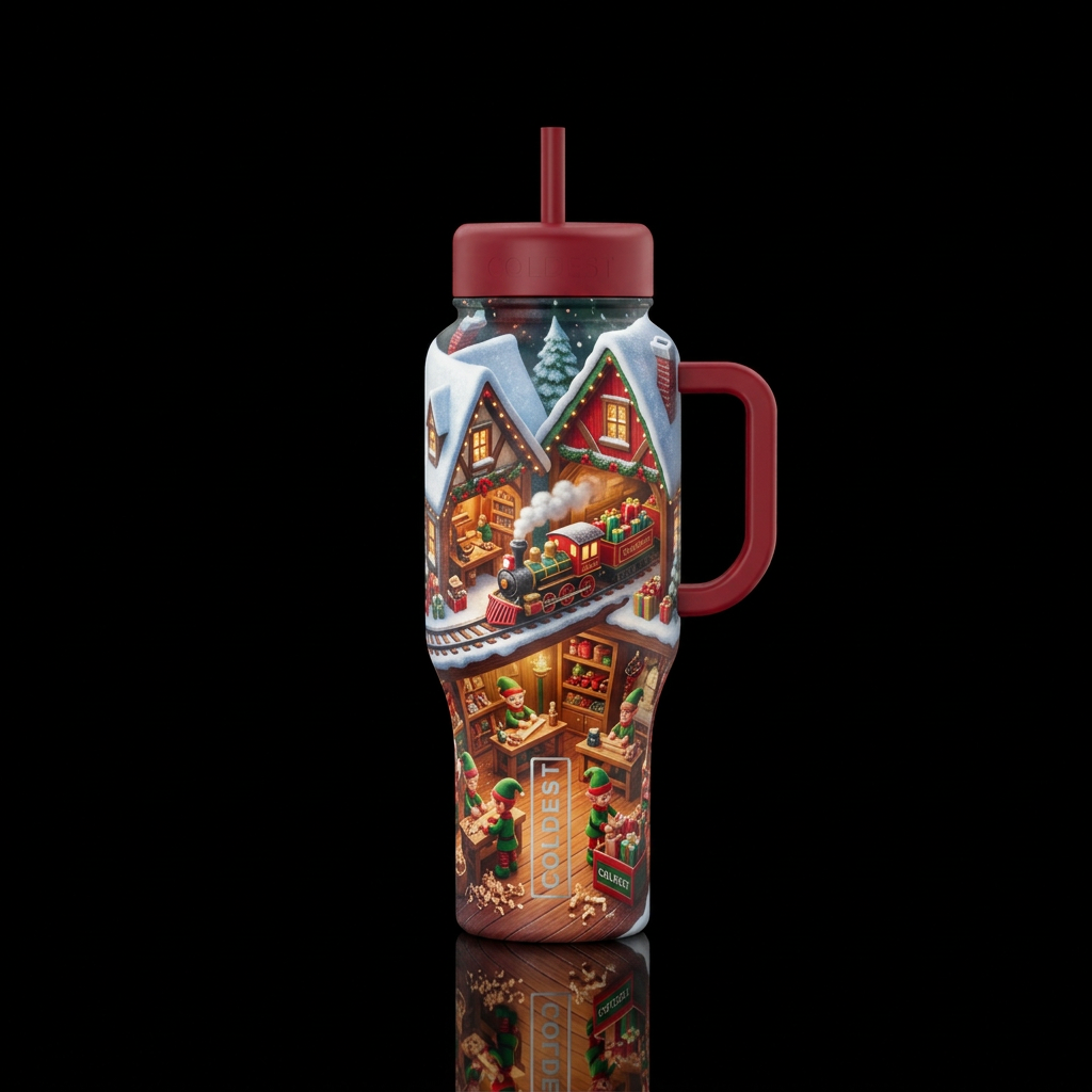Santa's work shop with toy train  glowie water bottle design
