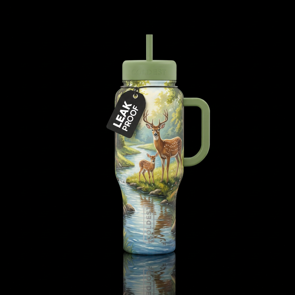 Stream with Mama and baby deer sunny day water bottle design