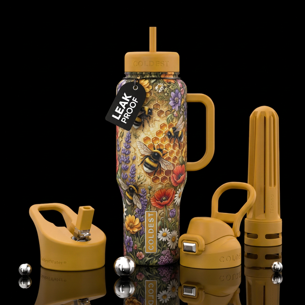 Bumblebee realism honeycomb floral water bottle design