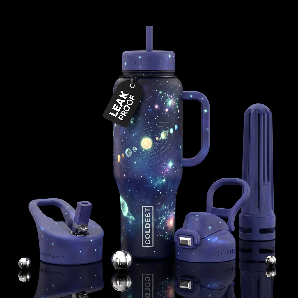 Glow in dark solar system distant stars water bottle design