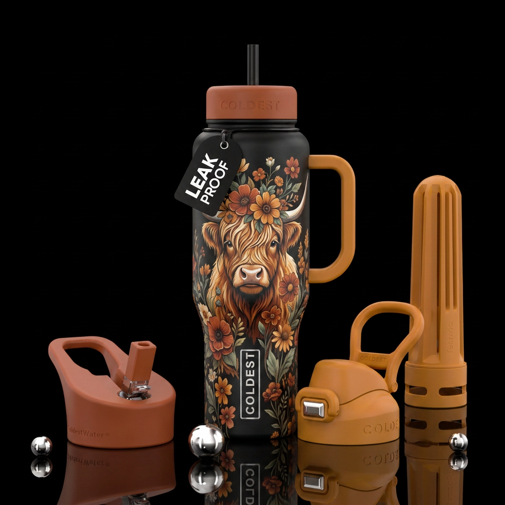 Highland cow floral earth tones water bottle design