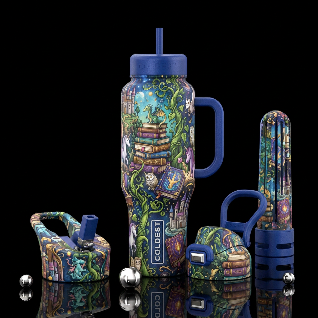 Magical fairytale story books whimsy water bottle design
