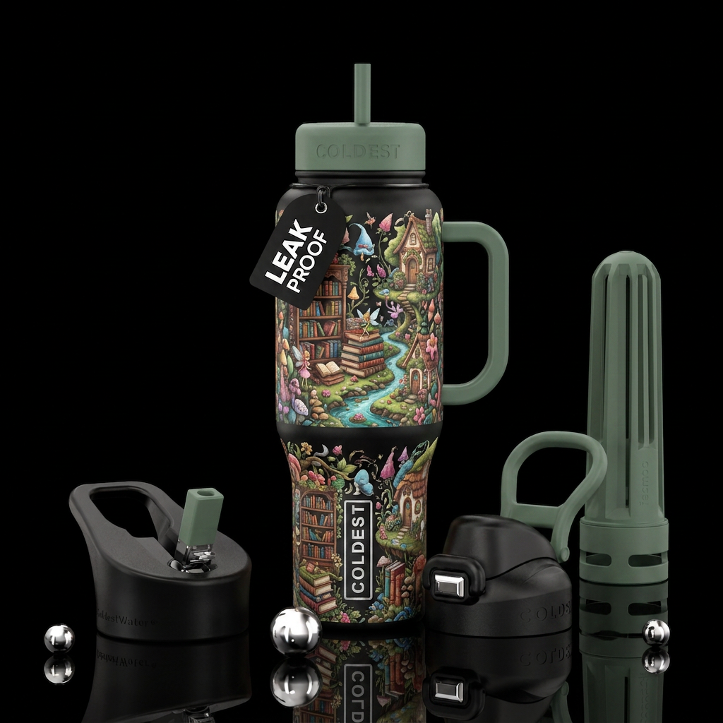 Cottage core books fantasy world water bottle design