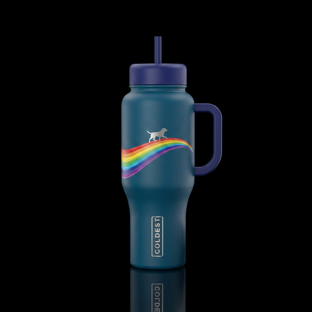 Rainbow bridge with silhouette of dog water bottle design