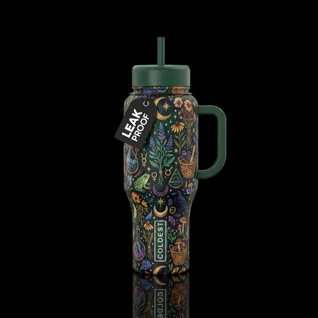 Boho witchy vibe cottage core water bottle design