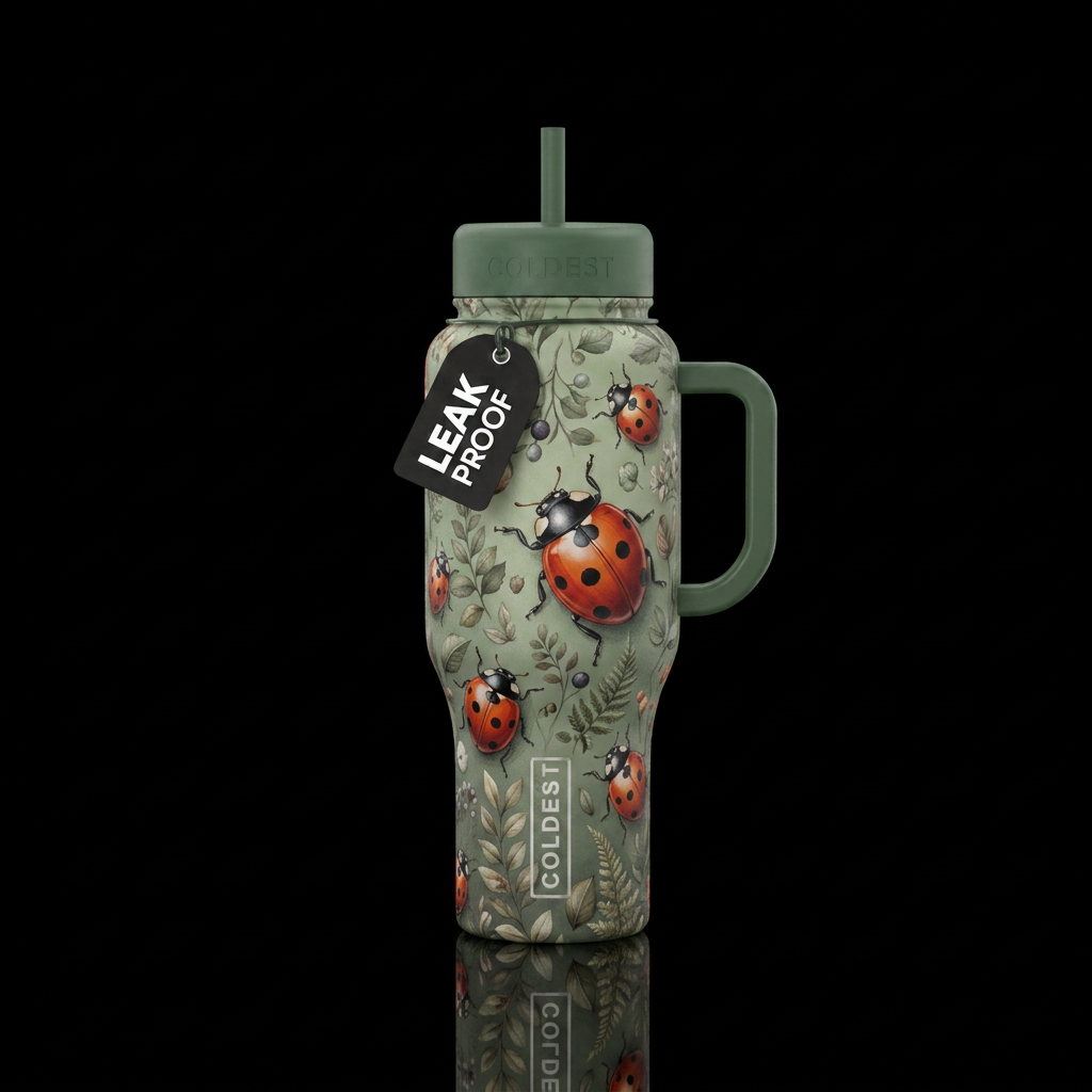 realism ladybug on muted color floral water bottle design