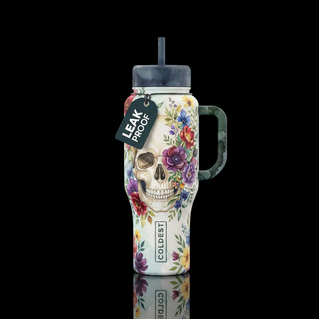 Light background watercolor human skull with flowe... water bottle design