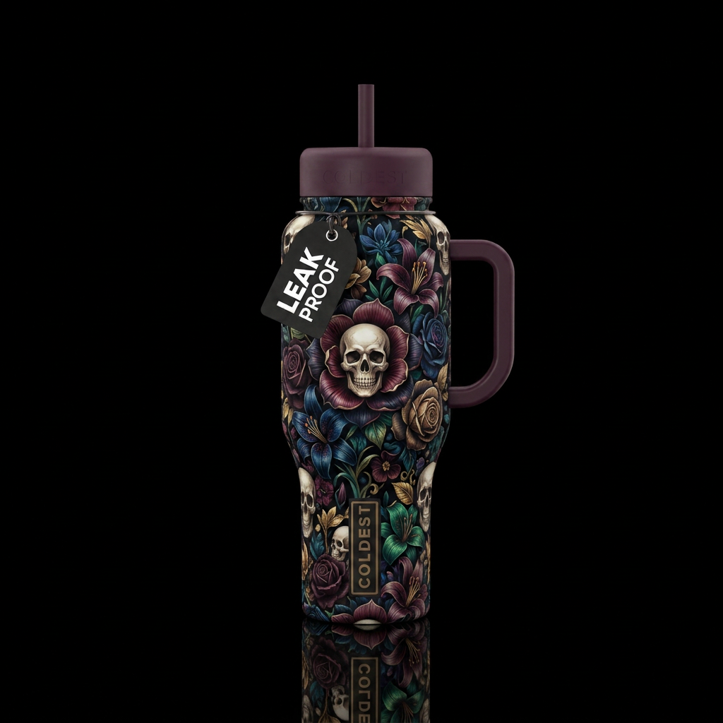 Various florals with skulls in center of flowers d... water bottle design