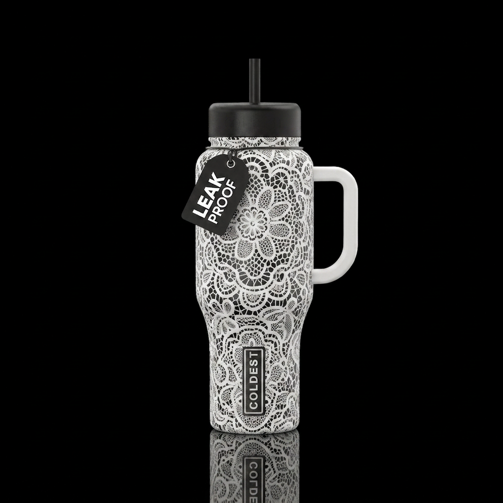 White lace doilie water bottle design