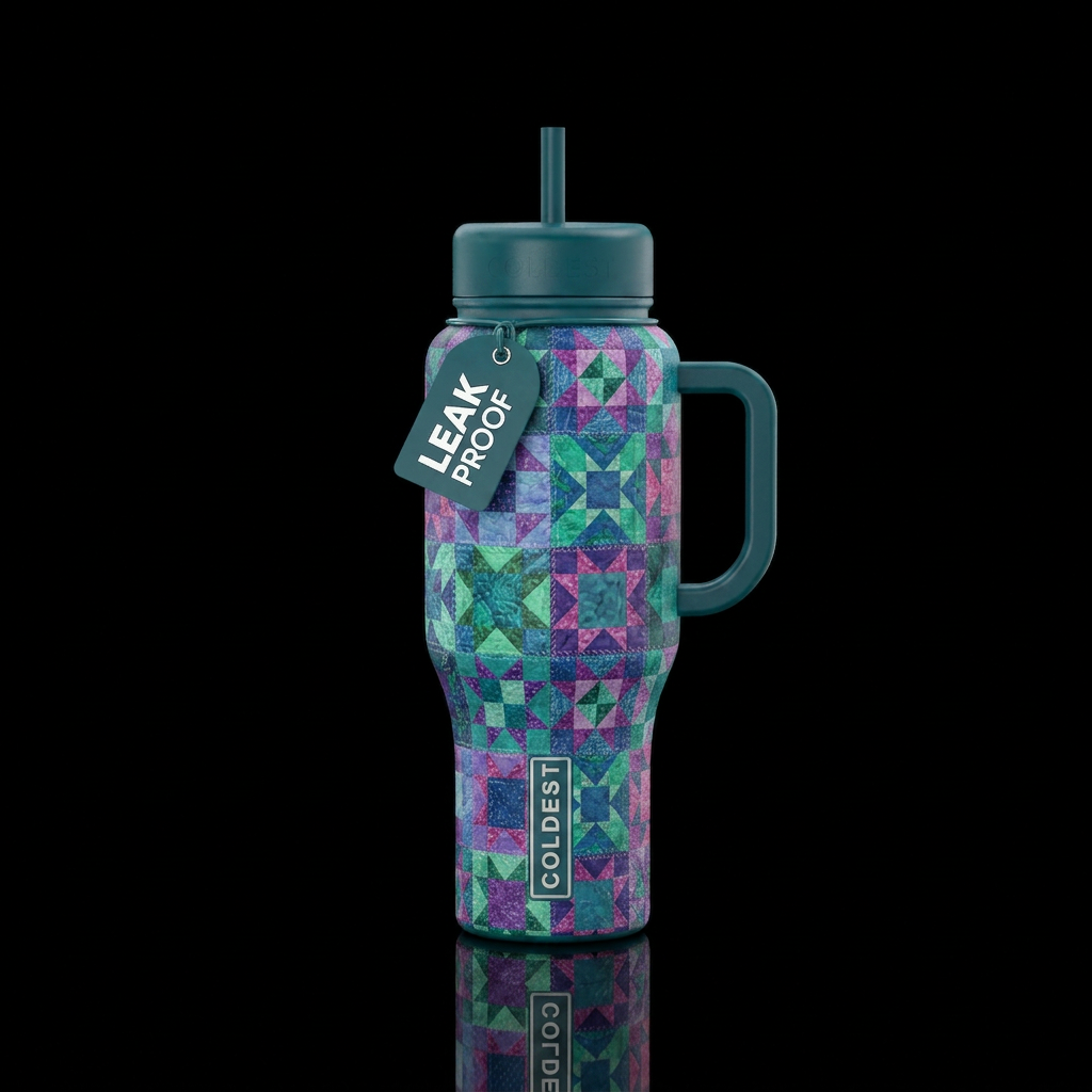 patchwork quilt jewel tones teal green blue purple... water bottle design
