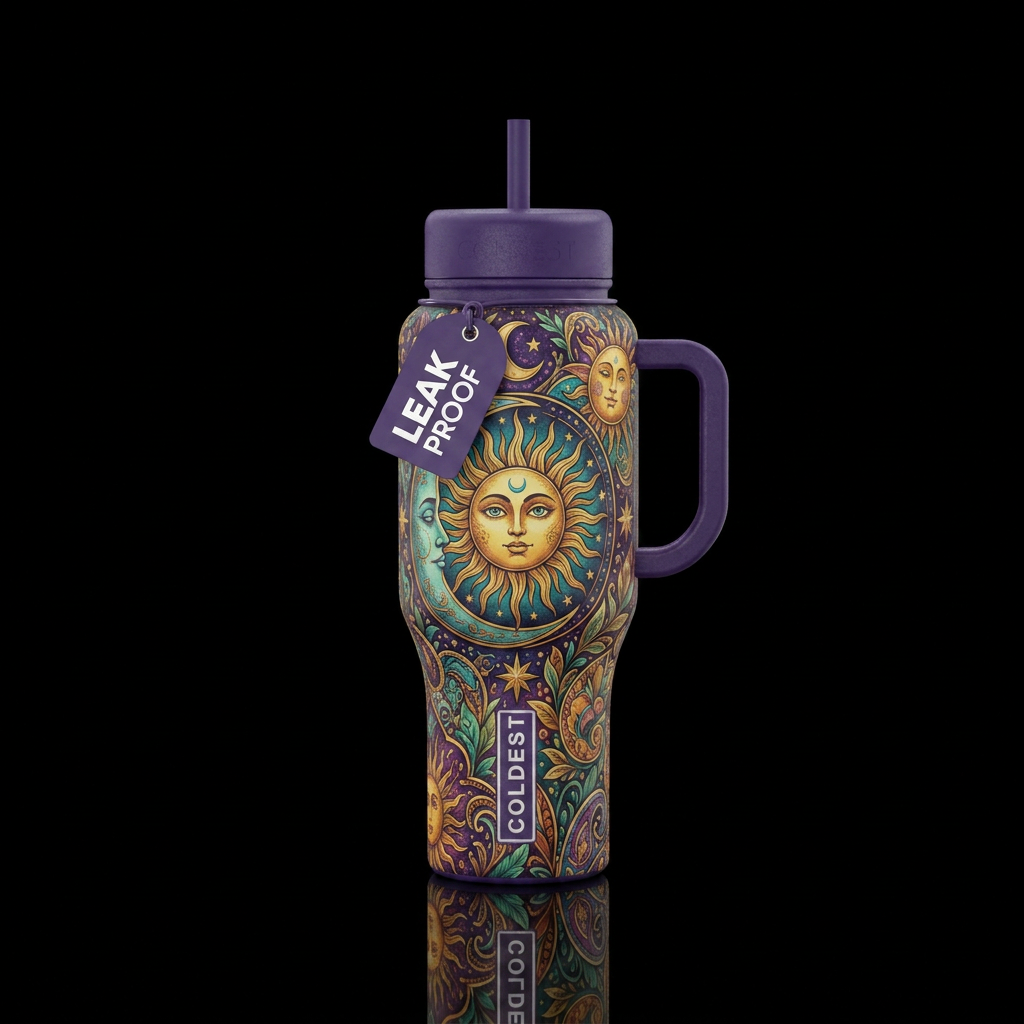 Celestial sun moon boho vintage water bottle design