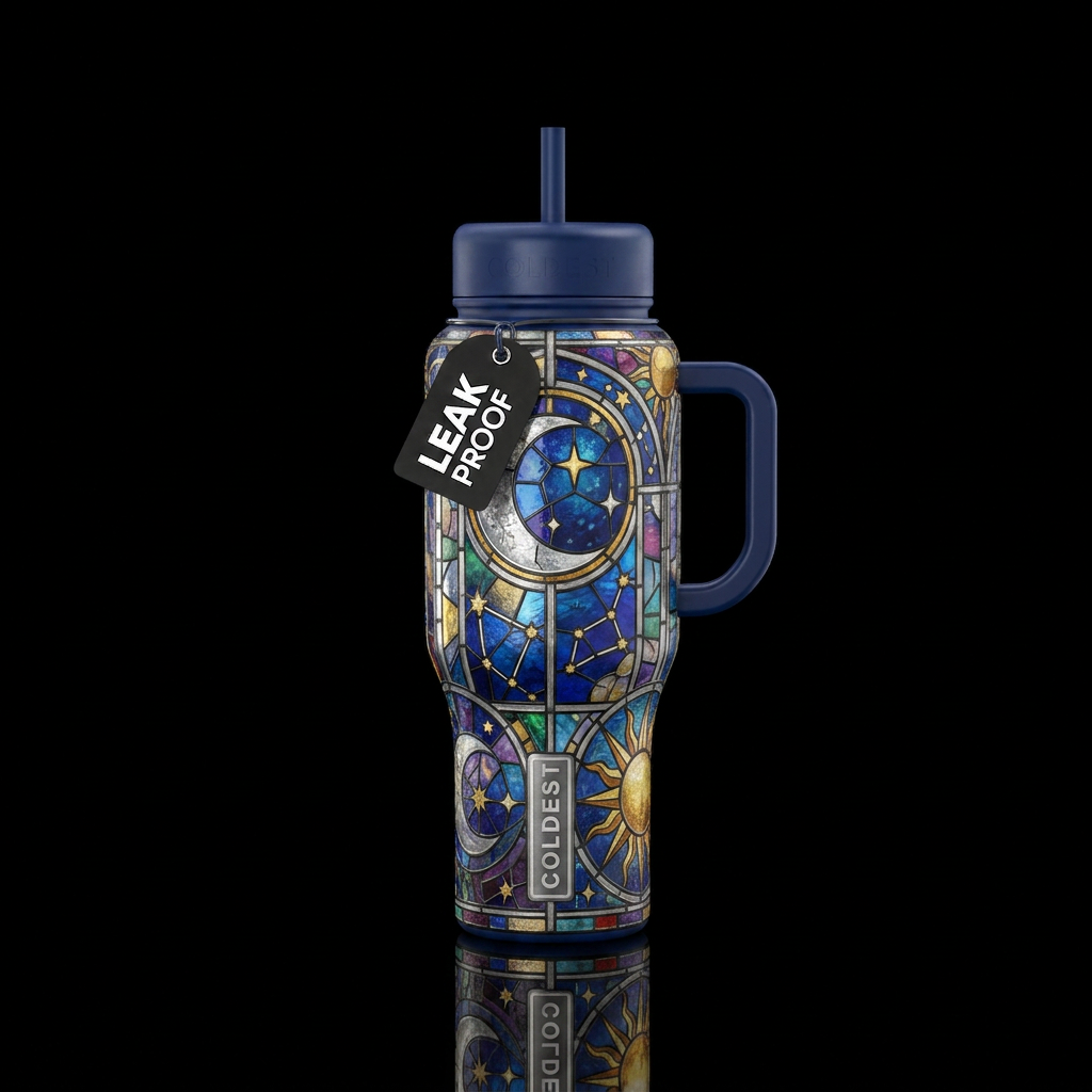 Stained glass celestial water bottle design