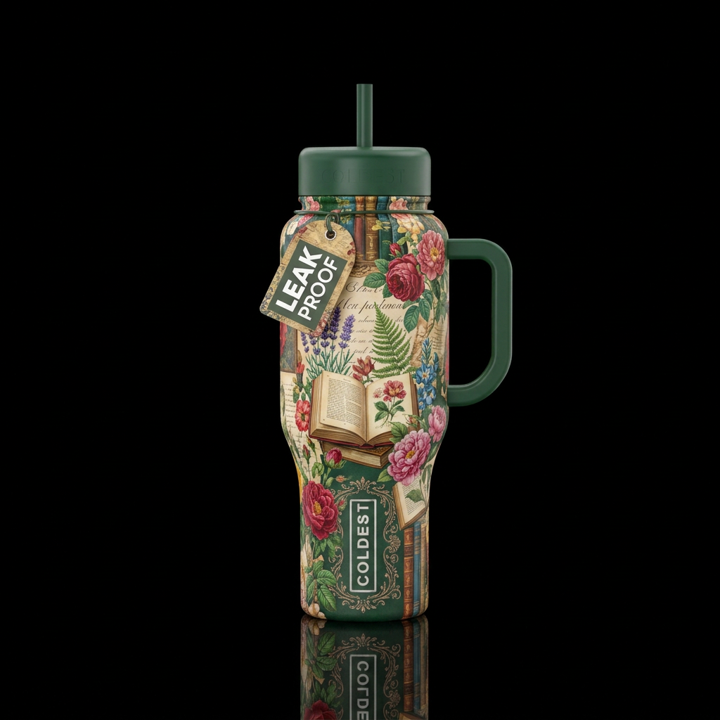 Vintage floral bookish water bottle design