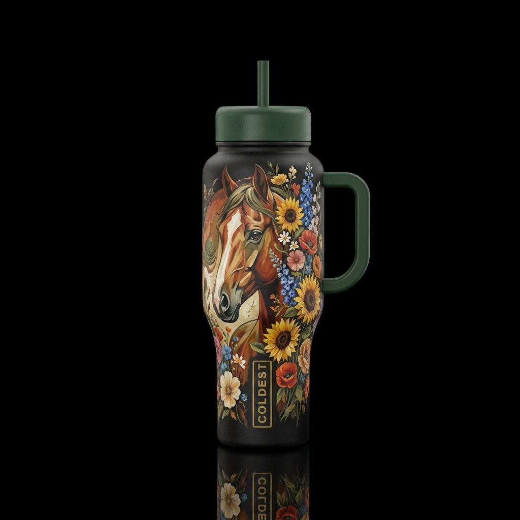 Horse head earth tone flowers water bottle design