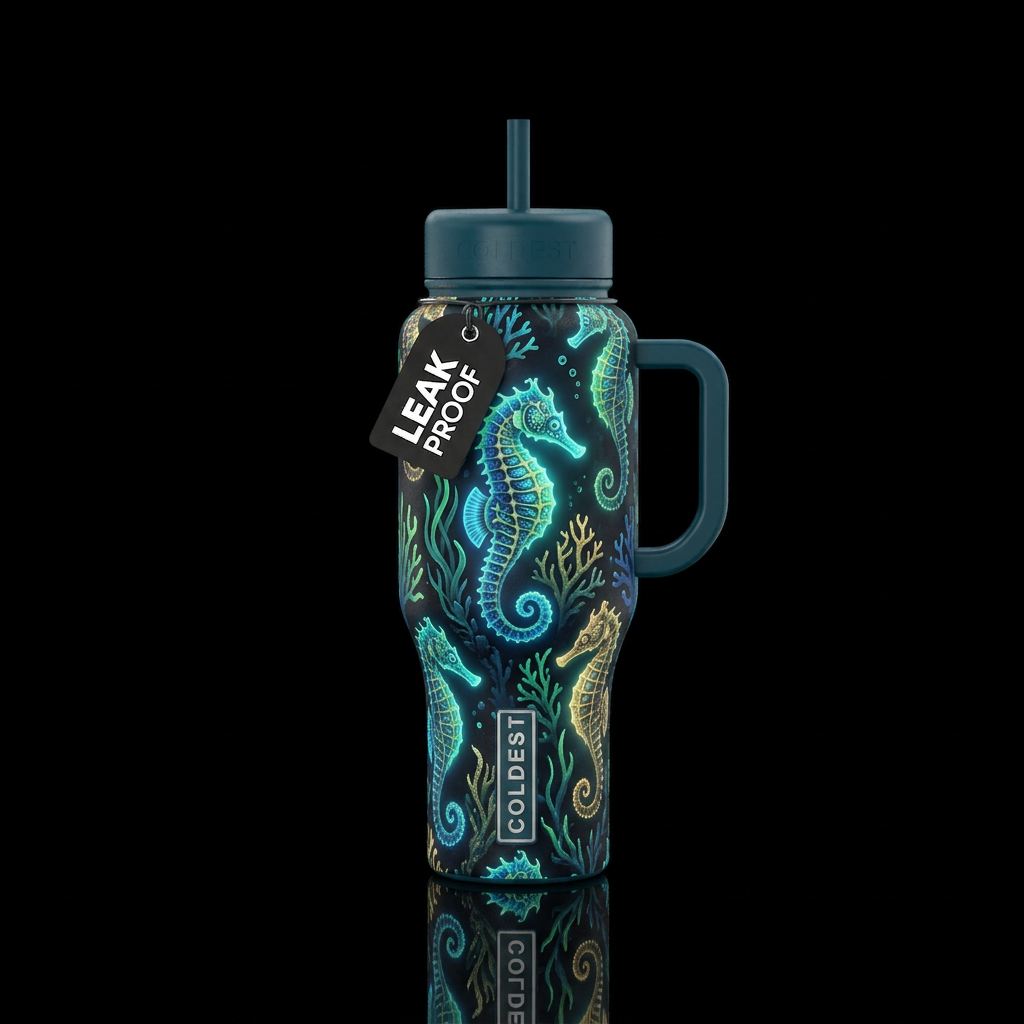 Sea horse glow in dark water bottle design