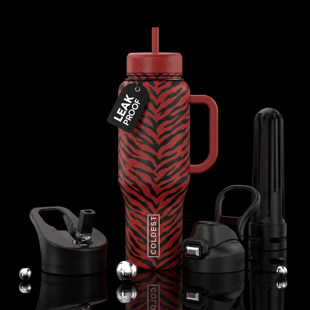 Red and black tiger stripe print water bottle design