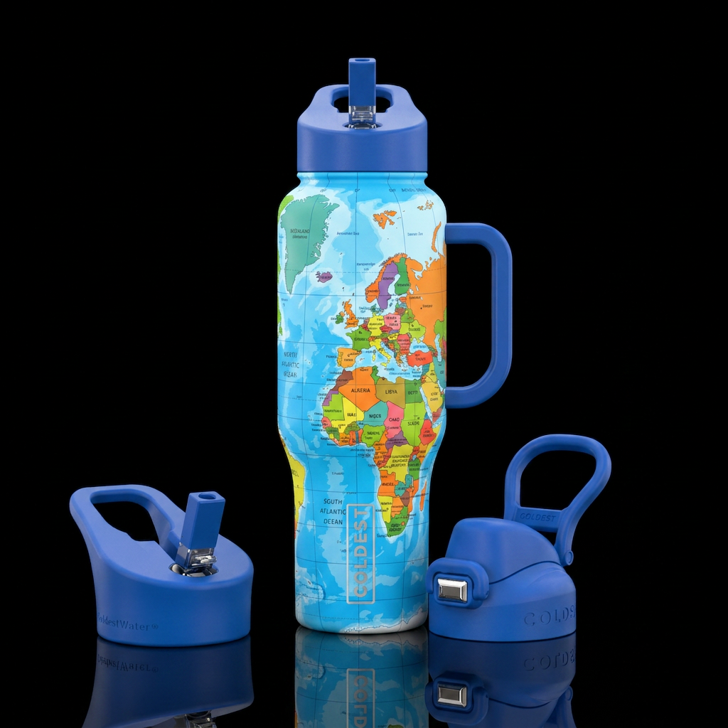 World map background water bottle design