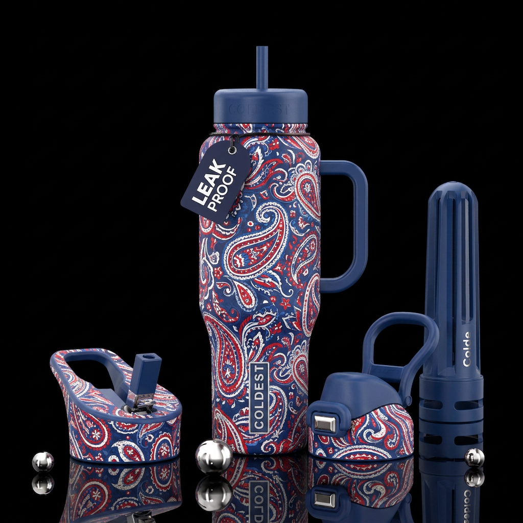 Red white and blue paisley water bottle design