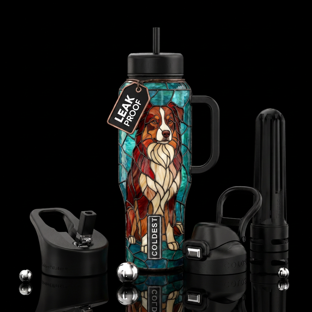Stained glass of a reddish miniature Australian sh... water bottle design