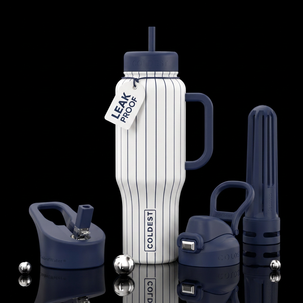 White background with navy blue pinstripes water bottle design