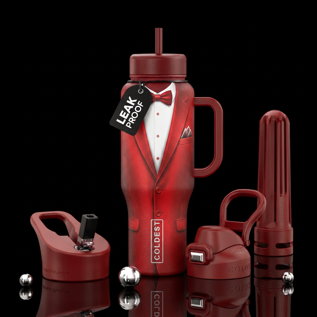 Red tuxedo with white undershirt print water bottle design