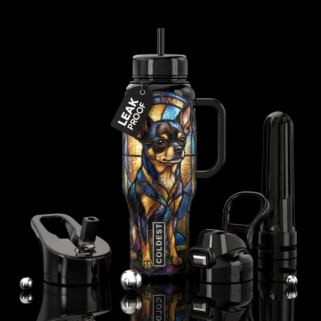 Stained glass black chihuahua water bottle design