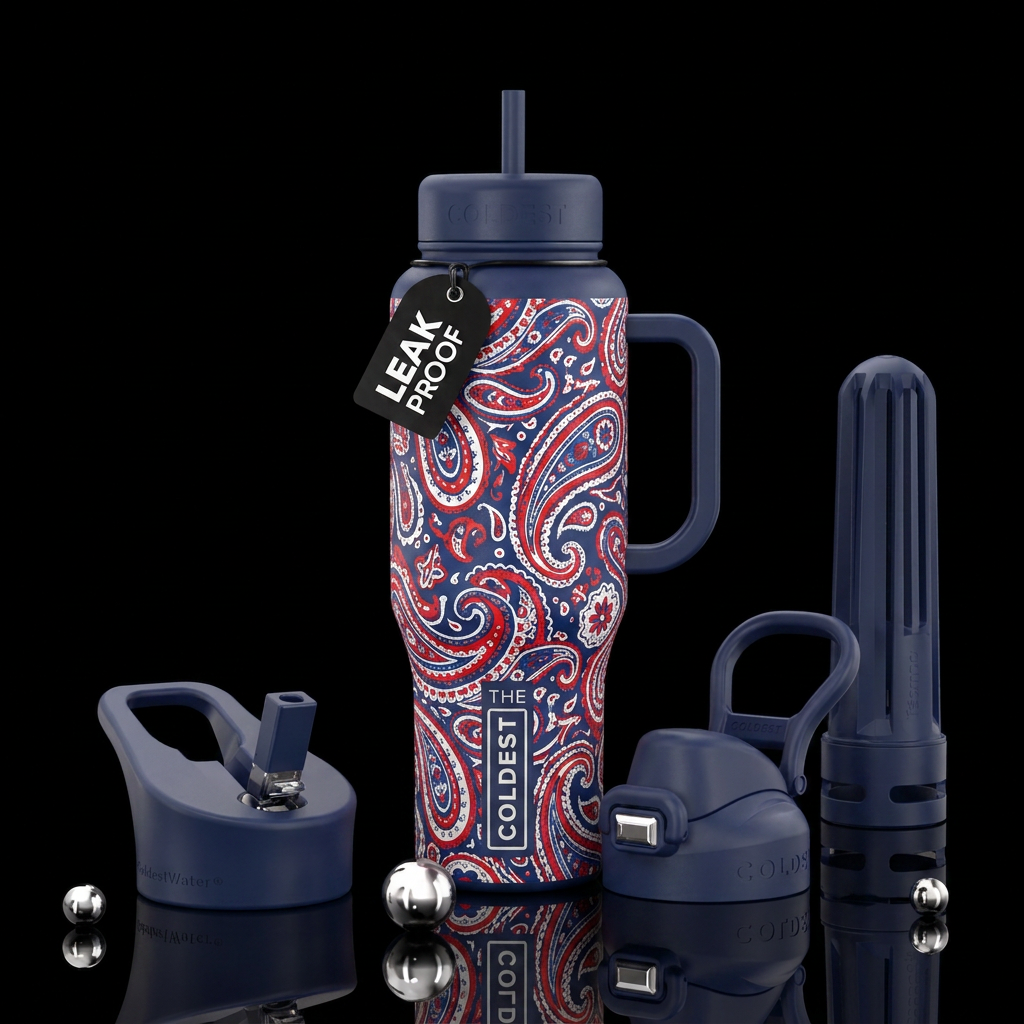 Red white and blue paisley print m water bottle design
