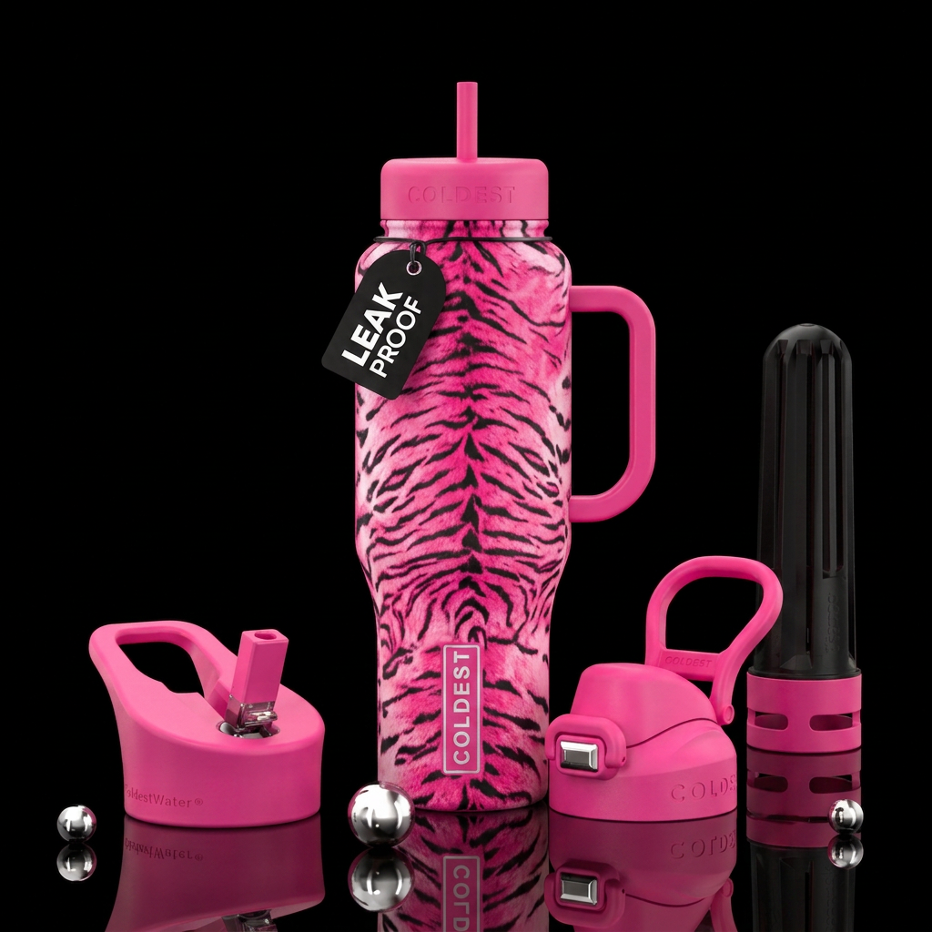 Hot pink tiger print water bottle design