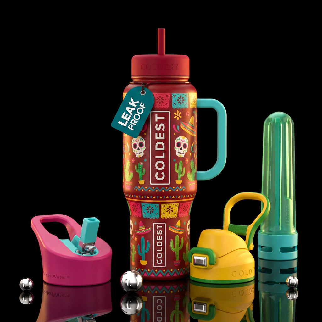 Vibrant Mexico fiesta accents water bottle design