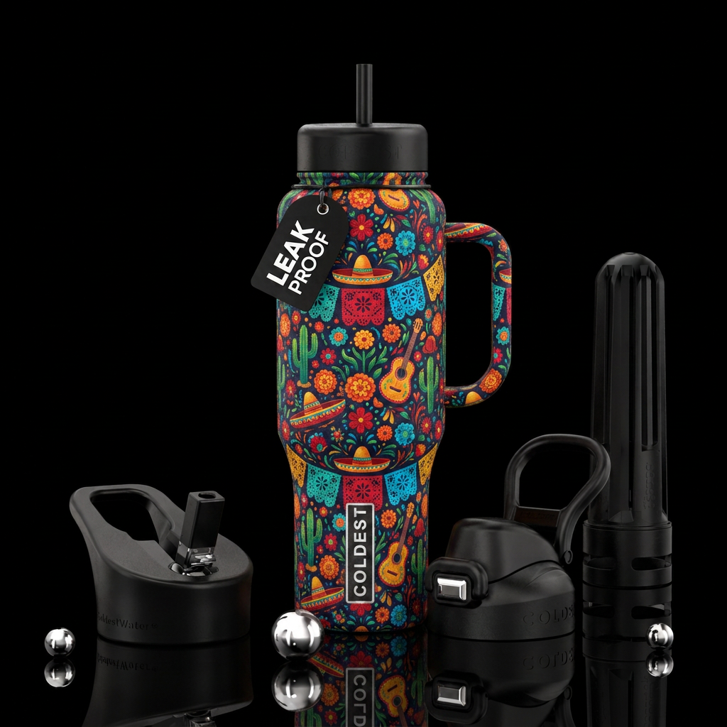 Vibrant Mexican fiesta print water bottle design