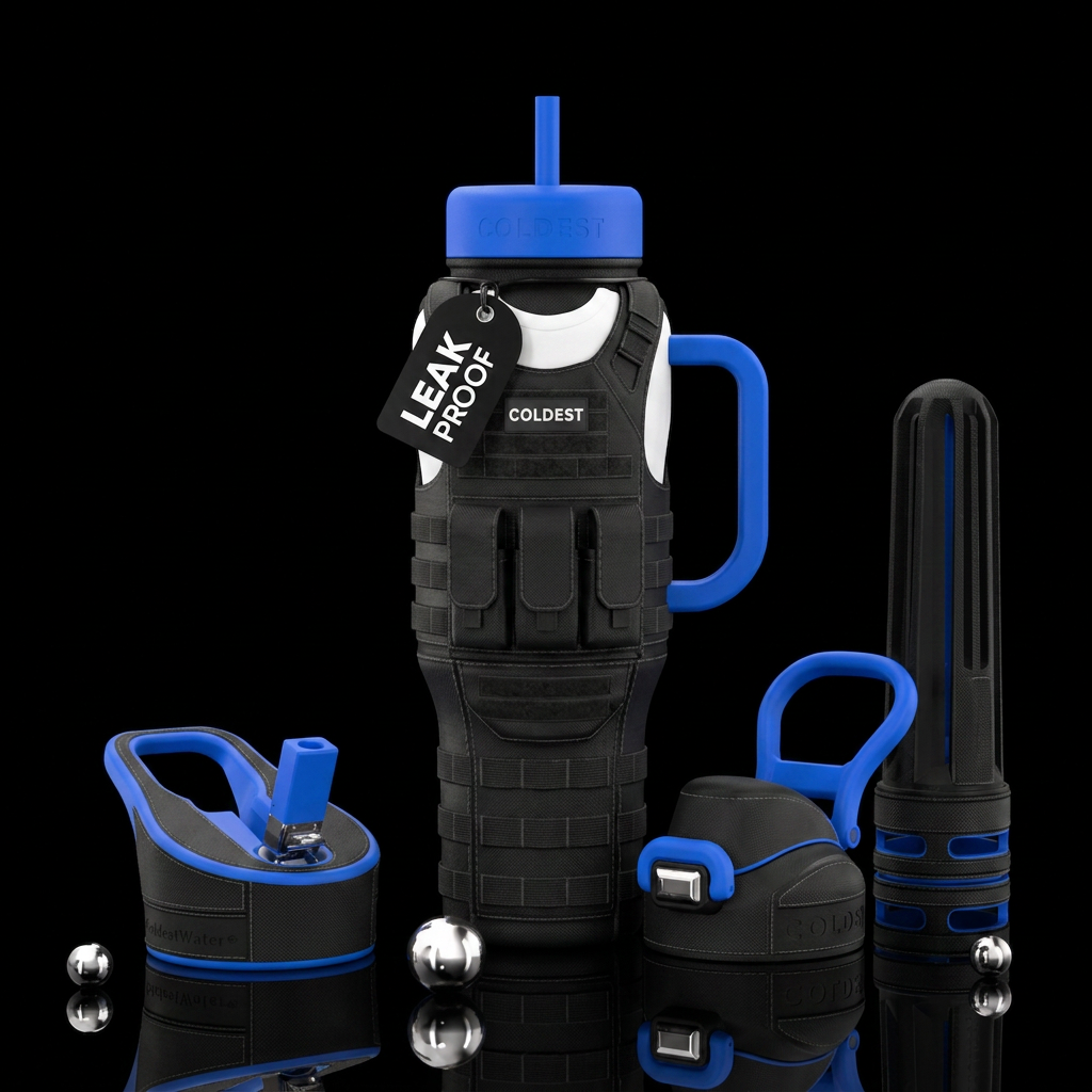 Bulletproof vest with white T shirt water bottle design