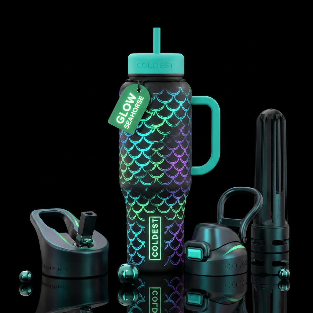 Glow in the dark seahorse scales print water bottle design