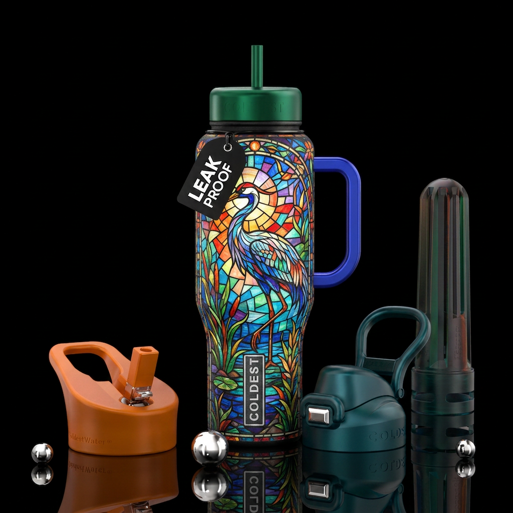 Stained glass of Crane on end leg water bottle design