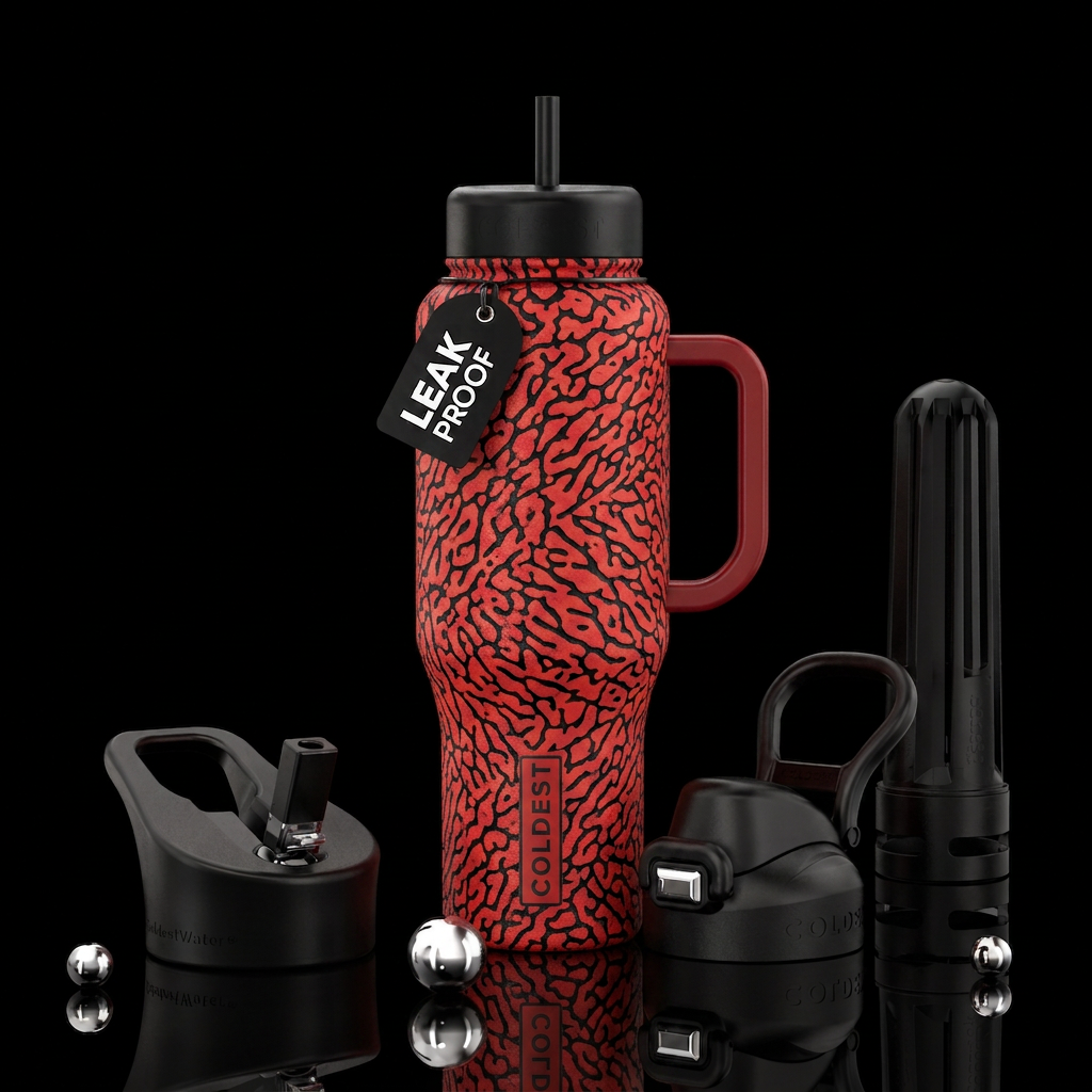 Red and black Elephant print water bottle design