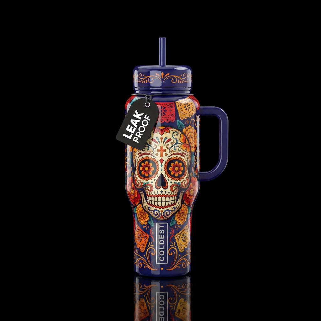 dia de los muertos, shiny water bottle design